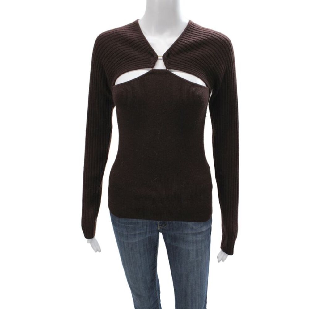 27 Miles Women Brown V-Neck Wool Pullover Sweater Long Sleeve Minimalist Size S